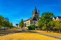 Riverside promenade and Saint Martin church in Cologne, Germany