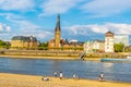 Riverside of Rhein in Dusseldorf with Saint Lambertus church, Germany