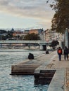 The riverside space of the river Saone, way of life in the public space of Lyon people, France Royalty Free Stock Photo