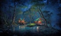 Riverside Tranquility: A Night of Solitude in the Forest Cabin painterly