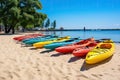 riverside view of colorful kayaks on the shore of a misty lake Royalty Free Stock Photo