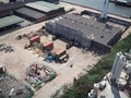 Aerial view of a riverside warehouse