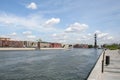 Riverwalk of Moskva River, with boats sailing along it and the Monument to Tsar Peter the Great in the distance Royalty Free Stock Photo