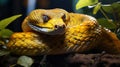Yellow Viper Snake in Jungle Forest Close-Up Portrait, Trimeresurus Insularis macro shot, animal wildlife, Venomous reptile