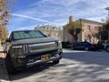 Rivian R1T all-electric, battery-powered, light duty pickup truck parked on the resedential street. Front view - San Francisco,