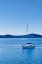 Riviera blue seascape and coastal nature concept. Sea, yacht and mountains in the morning