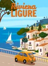 Riviera Ligure Italy, mediterranean romantic landscape, mountains, seaside town, sea. Retro poster travel Royalty Free Stock Photo