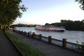 Riviera ship in Moscow Canal, Shchukino district of Moscow. Summer sunset view. Royalty Free Stock Photo