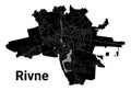 Rivne city map, Ukraine. Municipal administrative borders, black and white area map with rivers and roads, parks and railways