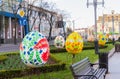 Rivne, Ukraine - 22 April 2023. Decoration of the city for Easter, large painted Easter eggs with drawings by a Ukrainian folk art