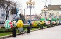 Rivne, Ukraine - 22 April 2023. Decoration of the city for Easter, large painted Easter eggs with drawings by a Ukrainian folk art
