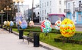 Rivne, Ukraine - 22 April 2023. Decoration of the city for Easter, large painted Easter eggs with drawings by a Ukrainian folk art