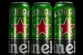 RIVNE  UKRAINE - JANUARY 12  2021: Heineken beer cans close up. Heineken Dutch brewing company. Heineken beer global brand Royalty Free Stock Photo