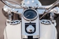 Rivne, Ukraine - September 23, 2019: Harley-Davidson Fat Boy motorcycle detail. Close up of a classic motorcycle with lots of chro Royalty Free Stock Photo