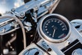 Rivne, Ukraine - September 23, 2019: Harley-Davidson Fat Boy motorcycle detail. Close up of a classic motorcycle with lots of chro Royalty Free Stock Photo