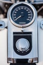 Rivne, Ukraine - September 23, 2019: Harley-Davidson Fat Boy motorcycle detail. Close up of a classic motorcycle with lots of chro Royalty Free Stock Photo