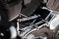 Rivne, Ukraine - September 23, 2019: Harley-Davidson Fat Boy motorcycle detail. Motorcycle engine exhaust pipes. Close up of a cl Royalty Free Stock Photo