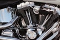 Rivne, Ukraine - September 23, 2019: Harley-Davidson Fat Boy motorcycle detail.  Motorcycle engine exhaust pipes. Close up of a cl Royalty Free Stock Photo