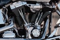 Rivne, Ukraine - September 23, 2019: Harley-Davidson Fat Boy motorcycle detail.  Motorcycle engine exhaust pipes. Close up of a cl Royalty Free Stock Photo