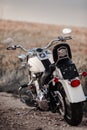 Rivne, Ukraine - September 23, 2019: Harley-Davidson Fat Boy motorcycle detail. Motorcycle at the old town road field. Royalty Free Stock Photo