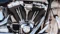 Rivne, Ukraine - September 23, 2019: Harley-Davidson Fat Boy motorcycle detail. Motorcycle engine exhaust pipes. Close up of a cl