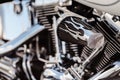 Rivne, Ukraine - September 23, 2019: Harley-Davidson Fat Boy motorcycle detail.  Motorcycle engine exhaust pipes. Close up of a cl Royalty Free Stock Photo