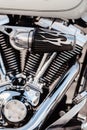 Rivne, Ukraine - September 23, 2019: Harley-Davidson Fat Boy motorcycle detail. Motorcycle engine exhaust pipes. Close up of a cl