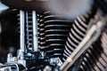 Rivne, Ukraine - September 23, 2019: Harley-Davidson Fat Boy motorcycle detail.  Motorcycle engine exhaust pipes. Close up of a cl Royalty Free Stock Photo