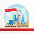 Riyadh skyline architecture, vector illustration with plane, cars and air balloon, flat design