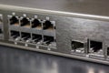 Rj45 ports and gbic port on front panel of a switch Royalty Free Stock Photo