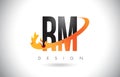 RM R M Letter Logo with Fire Flames Design and Orange Swoosh.