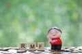 RMF - Retirement Mutual Fund, Senior woman with RMF word on stack of coins money on natural green background, Save money for