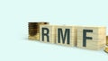 Rmf text on wooden cube and coins 3d rendering for Business content