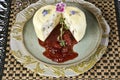 Mozzarella cheese stuffed with nuts cut in half with strawberry jam Royalty Free Stock Photo