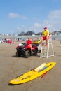 RNLI lifeguards keeping an eye on swimmers at Borth beach in the west of Wales