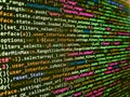 RNN Neural Network source code. Closeup of Java Script and HTML code. Database bits access stream visualisation. Writing program Royalty Free Stock Photo