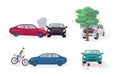 Road accident different situations collection. Car crash with car, tree, bicycle and skater. Colorful vector Royalty Free Stock Photo