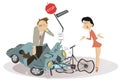 Road accident, driver, cyclist and broken bike illustration