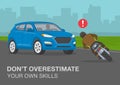 Road accident involving a car and a motorcycle. Do not overestimate your driving skills warning poster design.