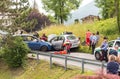 Road accident and rescue workers tending to car accident victim.