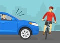 Scared cyclist turned his head and looking at blue suv. Cycling bike rider and aggressive angry yelling car driver. Royalty Free Stock Photo