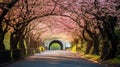 a road adorned with a captivating arch of cherry blossoms, Royalty Free Stock Photo