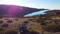 The road with the aerial photo of the dam Marques da Slva in the Serra da Estrela Natural Park in Portugal Royalty Free Stock Photo