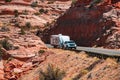 Road against the high rocks. Exploring the USA. Holiday trip vacation. Motorhome, RV on a road. Caravan or recreational Royalty Free Stock Photo