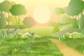 Road. Amusing beautiful forest landscape. Sunrise. Cartoon style. The path through the hills with grass. Trail. Cool Royalty Free Stock Photo