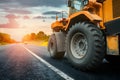 Road asphalt works, new road construction, machinery close up Royalty Free Stock Photo