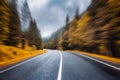 Road in autumn foggy forest in rainy day with motion blur effect Royalty Free Stock Photo