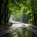 Road in Autumn Forest: Paved with Puddles, Trees, Yellow Leaves