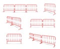 Road barrier linked by two or three elements red realistic constructions. Portable metal fence.