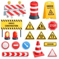 Road barrier vector street traffic-barrier under construction warning barricade blocks on highway illustration set of Royalty Free Stock Photo